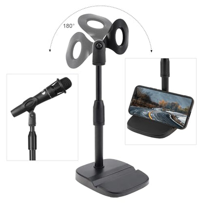 RTNLIT Desktop Mic Stand with Phone Holder, 5/8" to 3/8" Screw Adapter | Adjustable Desk Microphone Stand with Mic Clip, Max 1.7 inch Diameter Microphone, Weighted Base, Height 9.8" to 13.4