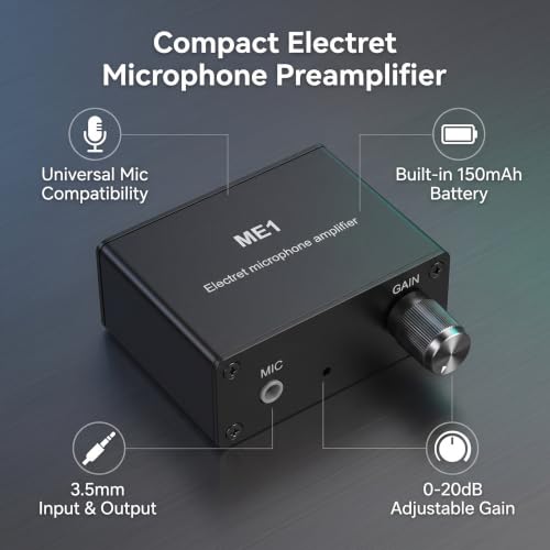 Microphone Preamp, Electret Microphone Amp, Adjustable Gain 0-20db Sound Amplifier, Audio, Microphone Preamplifier for Podcast, Livestream, Broadcasting