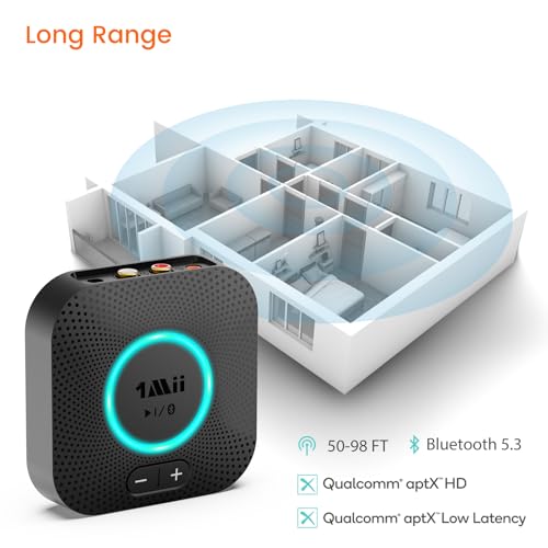 1Mii B06S Bluetooth 5.3 Receiver, Hi-Fi Wireless Audio Adapter | for Home Music Streaming System with aptX HD, aptX Low Latency, Volume Control, and RCA/3.5mm AUX Outputs
