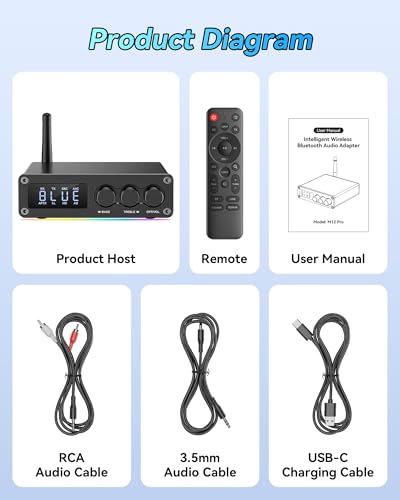 M12 Pro PreBluetooth 5.2 Receiver Transmitter for TV,Home Stereo,BT Headset,Low Latency HD Bluetooth Audio Decoder Adapter with Display,RCA,3.5mmAUX,Coaxial,Optical Inputs/Outputs