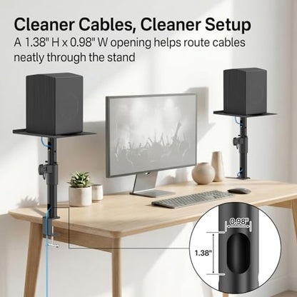 Clamp-On Desktop Speaker Stand Pair, Heavy-Duty 9.3" x 8.9 Plate for Edifier, KRK, Klipsch, Yamaha, Samsung HW-Q Series, Height&Angle Adjustable Bookshelf Speaker Stands, Built-in Cable Management