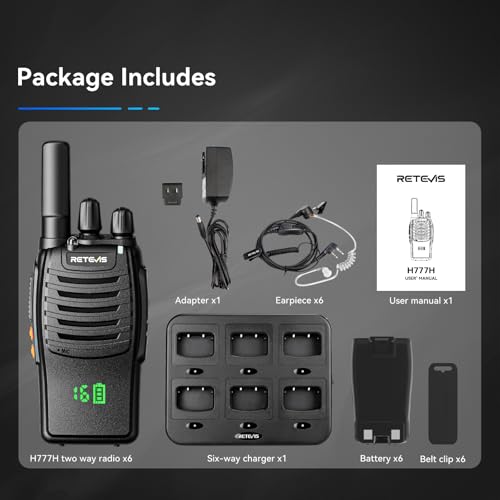 Retevis H777H Walkie Talkies with Earpeice,Portable FRS-Two Way Radio 6Pack | For Schools, Shatterproof Hidden Display, 6-Way Charger, USB-C, Emergency Alarm, Flashlight, with Stretchable Coiled Headset