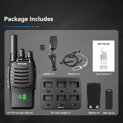 Retevis H777H Walkie Talkies with Earpeice,Portable FRS-Two Way Radio 6Pack | For Schools, Shatterproof Hidden Display, 6-Way Charger, USB-C, Emergency Alarm, Flashlight, with Stretchable Coiled Headset