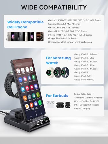 Wireless Charger for Samsung S25 with Clock 3 in 1 Android Charging Station | Charging Station for Galaxy S25 Ultra,Z Flip 7,Fold,Galaxy Bud,Watch Charger for Galaxy Watch 8,7,6,5Pro, Nightstand Charger - color: Black