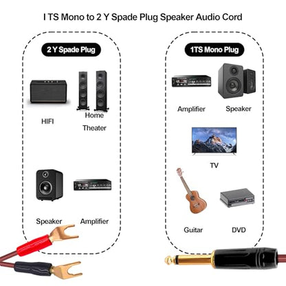 1/4 TS to Y Spade Plug Speaker Cable Wire Cord, 6.35mm Mono to 2Y Spade Plug Connector Adapter Audiophile OFC HiFi Speaker Audio Cord for Amplifier Subwoofer Audio System -6.6FT/2M