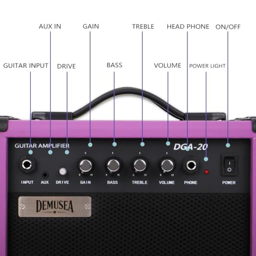 Purple Electric Guitar Amplifier Portable Practice Guitar Amp Drive Gain Bass Treble Full Accessories with Noiseless Cable Picks Adapater Earphones Aux Cable in (Purple, 20W) - color: Purple