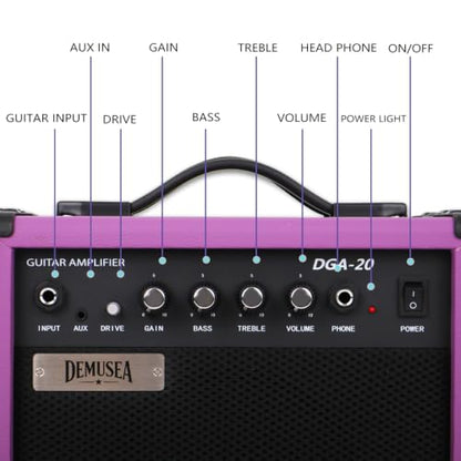 Purple Electric Guitar Amplifier Portable Practice Guitar Amp Drive Gain Bass Treble Full Accessories with Noiseless Cable Picks Adapater Earphones Aux Cable in (Purple, 20W) - color: Purple