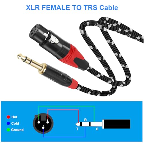 XLR Female to 1/4 (6.35mm) TRS Mono Jack Microphone Cable, 10 FT , 2 Pack, Black and White Grid Protective Layer, Balanced 3 Pin XLR to Quarter inch TRS Plug Mic Cord, Pure Copper Conductor and Plated - size: 10 FT 2 Pack, style: B/W 6.35 to XLR Female