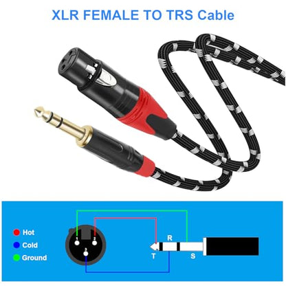 XLR Female to 1/4 (6.35mm) TRS Mono Jack Microphone Cable, 10 FT , 2 Pack, Black and White Grid Protective Layer, Balanced 3 Pin XLR to Quarter inch TRS Plug Mic Cord, Pure Copper Conductor and Plated - size: 10 FT 2 Pack, style: B/W 6.35 to XLR Female