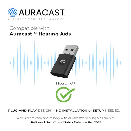 MoerLink Bluetooth 5.3 Auracast Audio Transmitter – USB Plug-and-Play Adapter for TV, PC, Speakers, and Auracast-Compatible Hearing Aids – Low Latency, Multi-Device Broadcast, LE Audio Support