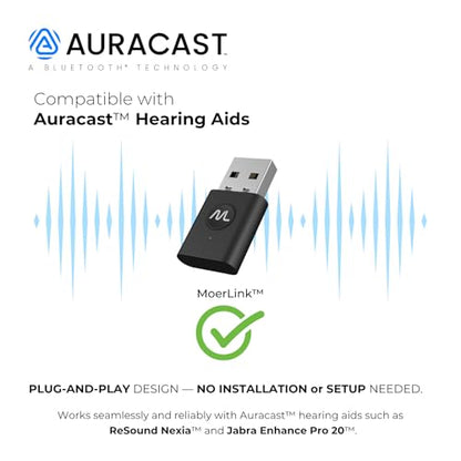 MoerLink Bluetooth 5.3 Auracast Audio Transmitter – USB Plug-and-Play Adapter for TV, PC, Speakers, and Auracast-Compatible Hearing Aids – Low Latency, Multi-Device Broadcast, LE Audio Support