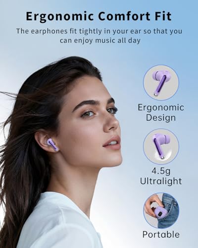 Wireless Earbuds, Bluetooth 5.4 Ear Buds Bass Stereo, Headphones with Noise Cancelling Mic, LED Display in Ear Earphones Clear Calls, IP7 Waterproof Bluetooth Earbuds for Phone/Android/iPad, Purple - color: Purple