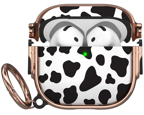 for AirPods 4 Case with Safety Lock, Magsafe Compatible, Cow Print | Double Secure Lock,Drop Protection,Two-Piece Design,with Gold Keychain, Anti Lost, Dustproof, Cute AirPod 4 Case - color: Cow + Gold, size: AirPods 4 Case