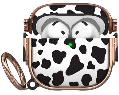 for AirPods 4 Case with Safety Lock, Magsafe Compatible, Cow Print | Double Secure Lock,Drop Protection,Two-Piece Design,with Gold Keychain, Anti Lost, Dustproof, Cute AirPod 4 Case - color: Cow + Gold, size: AirPods 4 Case