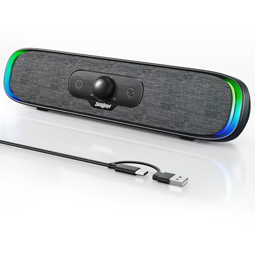 SOULION Computer Speakers, Wired USB Powered Bluetooth Sound bar for PC | USB Powered, Plug-N-Play, Rotary Control, 4 Dynamic Light Modes for Desktop Laptop Monitor Office Work Music