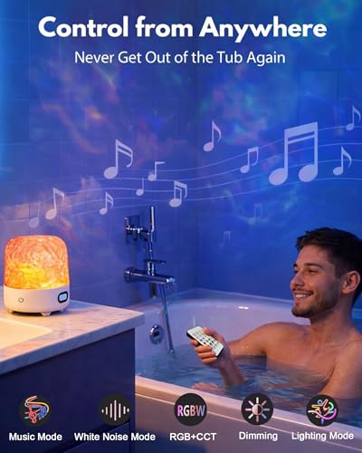 Shower Light with Bluetooth Speaker, Waterproof Shower Lamp with 16 Colors 4 White Noise, Ocean Wave Projector Light with Remote & Touch Control, Water Ripple Lamp for Inside Shower Bathroom Bedroom