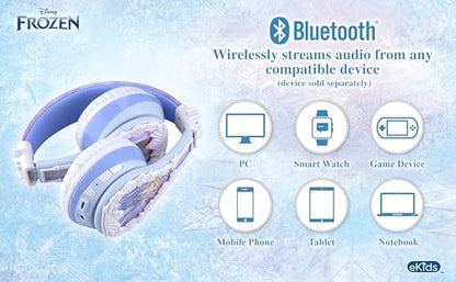 eKids Disney Frozen 2 Bluetooth Headphones with Microphone, Volume Reduced to Protect Hearing, Adjustable Wireless Headphones for School Home Travel, for Fans of Anna and Elsa - color: Frozen 2