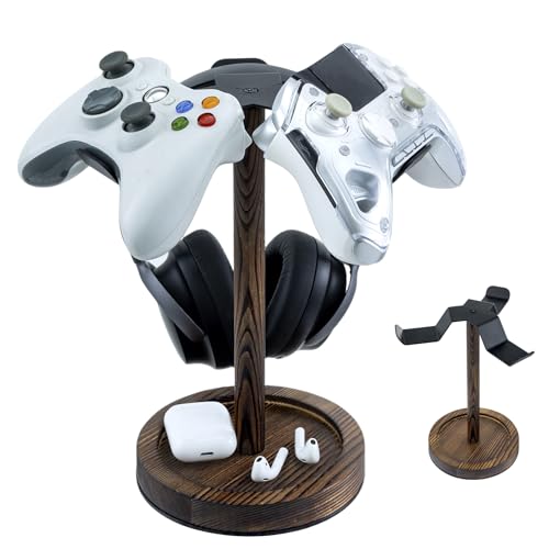 MyGift Industrial Matte Black Metal Headphone Stand with Burnt Wood Tray – Desktop Headset and Gaming Controller Holder for Office, Studio, or Console Setup - color: Dark Brown