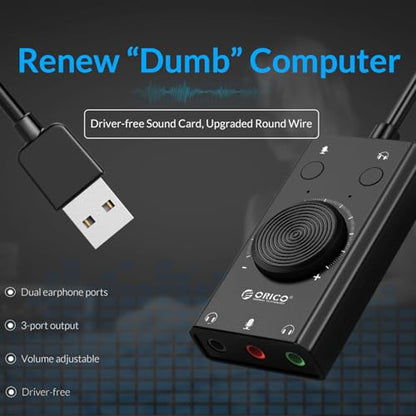 Docooler External Sound Card, USB Audio Adapter External Stereo Sound Card with Microphone Jack & 3.5mm Headphone, Sound Card with Volume Control, USB Multifunction Drive for PC, Laptop - Black