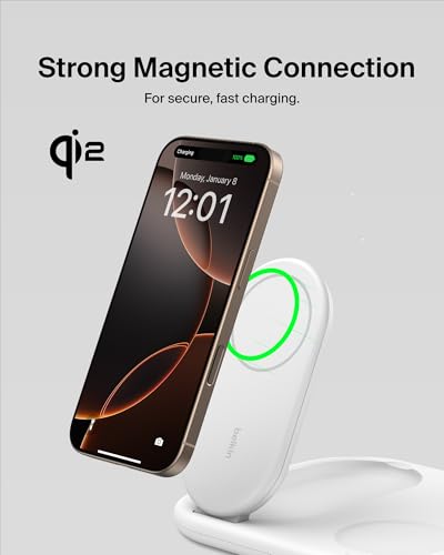 Belkin Qi2 Magnetic Wireless Charging Station, 3 in 1 Foldable Charger | MagSafe compatible, Apple Watch, AirPods, Qi2 certified, wireless charging station, travel stand - color: White