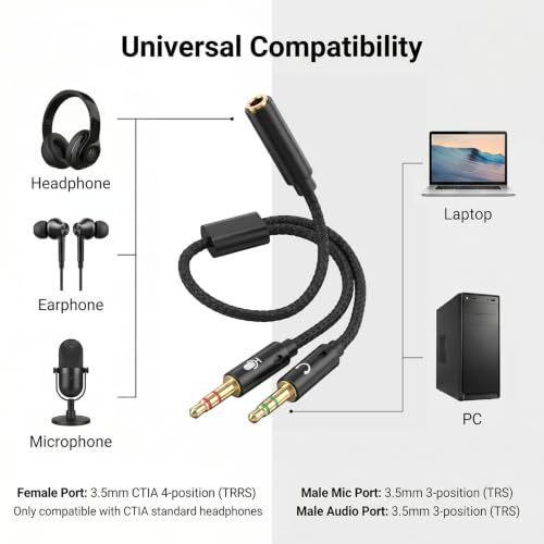 Headphone Splitter for Computer, 3.5mm Female to 2 Dual 3.5mm | Audio Splitter, 1 in 2 Y Separator, Mic and Headphone Jack Adapter Cable, for Headset Gaming Computer Laptop
