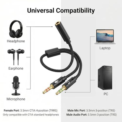 Headphone Splitter for Computer, 3.5mm Female to 2 Dual 3.5mm | Audio Splitter, 1 in 2 Y Separator, Mic and Headphone Jack Adapter Cable, for Headset Gaming Computer Laptop