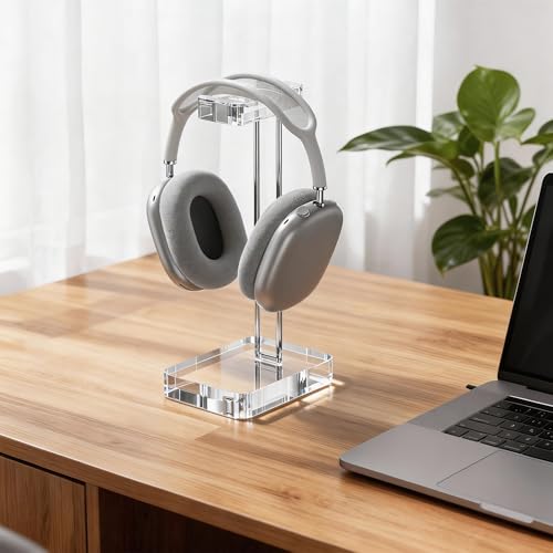 Headphone Stand Headset Holder for Desk, Solid Christal-Clear Acrylic with Silver Hardware Earphone Hanger for Gaming Room Office Accessories - color: Silver