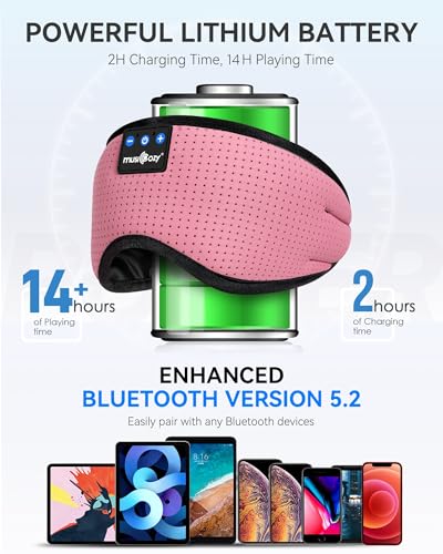 MUSICOZY Sleep Headphones Bluetooth 5.4 Sleep Mask with HD Sound | Breathable Flat Design with Cooling Lining, Washable Headband, 14 Hours Playtime for Travel Meditation Relaxation Gifts - color: Rose Pink