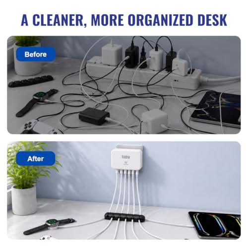 100W GaN USB C Charger Block, Slim Flat 6-Port Fast Charging Block