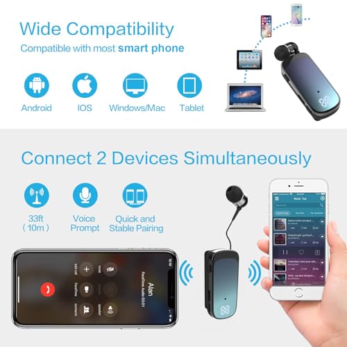Retractable Wireless Headset Headphone Stereo Earphone V5.0 Noise Cancelling Mic Clip on Earpiece Comfortable HandsFree Headset 20Hrs Talking Time Sports Business Trucker Driver Earbud - color: Blue
