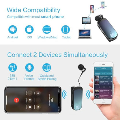 Retractable Wireless Headset Headphone Stereo Earphone V5.0 Noise Cancelling Mic Clip on Earpiece Comfortable HandsFree Headset 20Hrs Talking Time Sports Business Trucker Driver Earbud - color: Blue