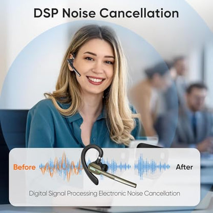 Bluetooth Headset V5.3, Wireless Earpiece with Mic for Work | 500mAh Charging Case, Noise Canceling Mic, for Trucker, Office, Business, Compatible with Cell Phone and PC