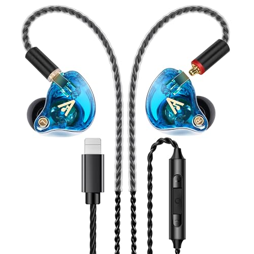 Audiovance Vibes 202ML HiFi 유선 이어버드, 아이폰 14/13/12/11/X, 프로 맥스용 | 마이크가 있는 인이어 헤드폰, 선명한 사운드, 딥 베이스, 소음 차단 이어버드, 실버 도금 코드, 편안한 핏, 케이스 - color: 7-블루.