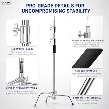C Stand with Boom Arm, 6.9ft/210cm, 88cm Extension Arm | Heavy Duty Stainless Steel, Turtle Base, 2 Grip Heads, Buffer Spring, For Softbox, Reflector, Strobe - size: 210cm 1 Pack