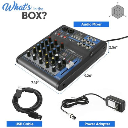 Pyle 4 Channel Audio Mixer with Bluetooth - DJ Sound Board Controller - USB Computer Input - Built-in MP3 Player - 48V Phantom Power - 3 Band EQ - 16-Bit DSP FX - Band, Studio Ready - PMXU43BT
