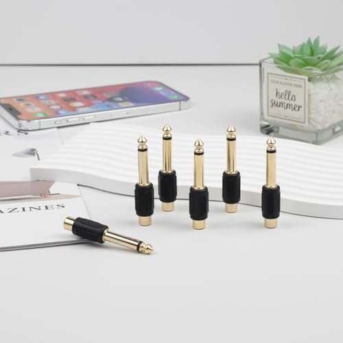 RCA to 1/4" Audio Adapter (6-Pack) – 6.35mm Mono Male Plug to RCA Female Connector, Gold-Plated Audio Jack for Speakers, Amps, Instruments & Home Theater