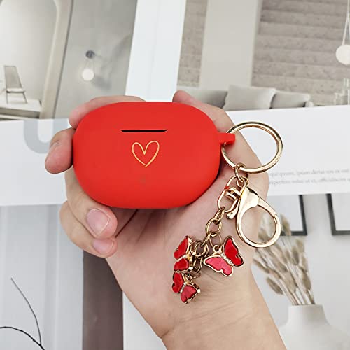Compatible with Beat Studio Buds 2021, Soft Silicone Case with Gold Heart Pattern for Beats Studio Buds Case with Cute Butterfly Keychain for Girls Women (Red) - color: Red