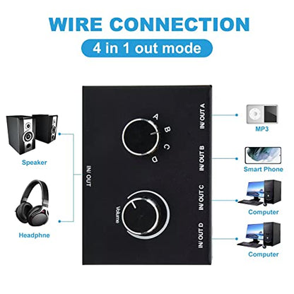 4 Way 3.5mm Stereo Audio Switch, AUX 3.5mm Audio Switch Audio Switcher Passive Speaker Headphone Manual Selector Splitter Box Audio Sharing (4/1 in -1/4 Out)