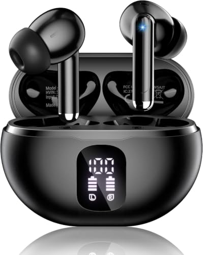Wireless Earbuds, Bluetooth 5.4 Ear Buds Bass Stereo, Headphones with Noise Cancelling Mic, LED Display in Ear Earphones Clear Calls, IP7 Waterproof Bluetooth Earbuds for Phone/Android/iPad, Black - color: Deep Black