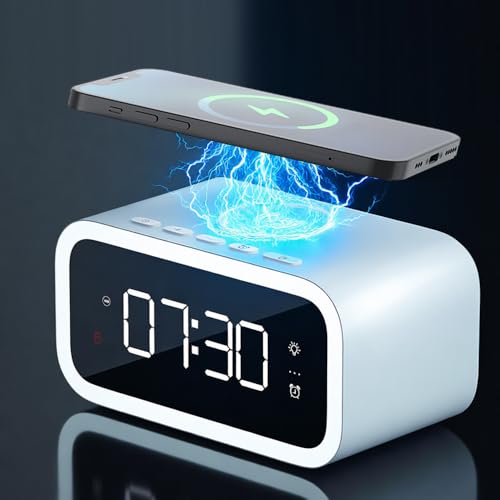 AYI 4in1 Smart Wireless Charging Alarm Clock with Mirror Display | 15W Fast Charger for Phone & Earbuds, 3 Group Alarms, Warm White/Yellow Night Light, Temperature Display Extra USB Port-White - color: Wireless Charger Alarm Clock Qxf-805 White