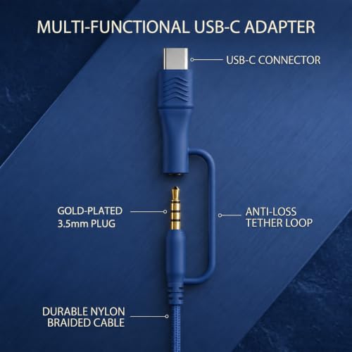 Wired Over-Ear Headphones, Mic, 3.5mm, USB-C Adapter, Dark Blue - color: Dark Blue