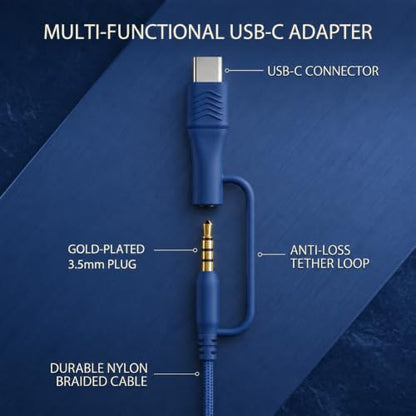 Wired Over-Ear Headphones, Mic, 3.5mm, USB-C Adapter, Dark Blue - color: Dark Blue