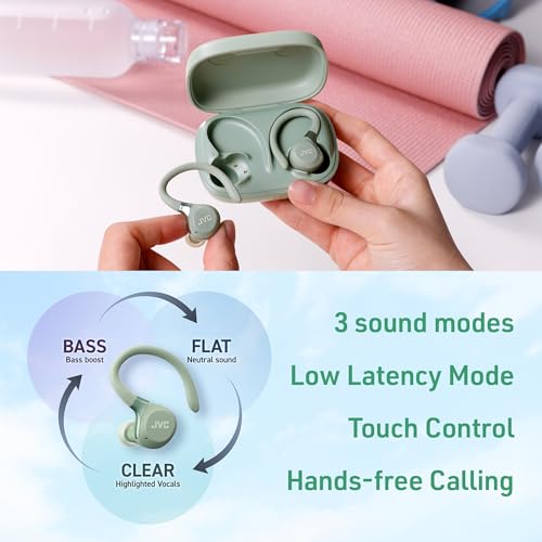 JVC Fitness Series True Wireless Sport Earbuds with Adjustable Hooks, Active Noise Cancelling, Ambient Sound Mode, IP57 Waterproof, 40hr Long Battery Life, App EQ, Low Latency, Mic HAEC75TG Green - color: Green