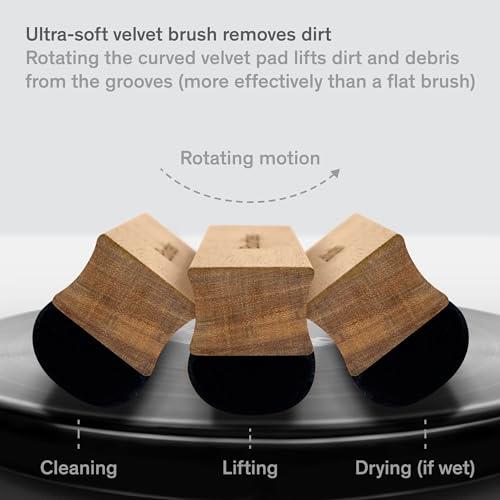 Record Cleaner Brush - Curved Velvet Vinyl Brush | Acacia Wood Handle - Lifts Groove Dust Dry or Wet - Record Player Accessories for Pre-Play Record & Vinyl Cleaning
