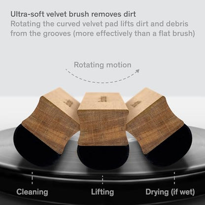 Record Cleaner Brush - Curved Velvet Vinyl Brush | Acacia Wood Handle - Lifts Groove Dust Dry or Wet - Record Player Accessories for Pre-Play Record & Vinyl Cleaning