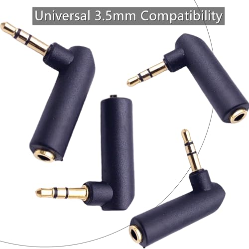 3.5mm Right Angle Audio Adapter 4 Pack, Gold Plated 90 Degree Aux | 4 pack gold-plated 3.5mm right angle audio adapters, 90 degree design saves space and reduces cable strain, black