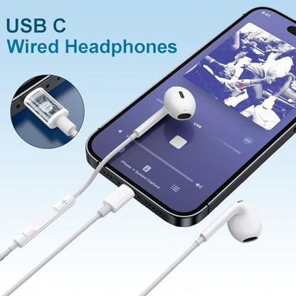 USB C Headphones, 2 Pack Type C Headphones Wired in Ear Earbuds with Mic & Volume Control Noise Cancelling for iPhone 15/16/17,iPad,Samsung Galaxy S25/S24/S23/S22/S21,Pixel 7/6,White