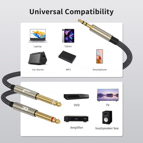 3.5mm 1/8 TRS to Dual 6.35mm 1/4 TS Mono Breakout Cable Y Splitter Stereo Cord Adapter Compatible with iPhone, iPod, Computer Sound Card, CD Player, Multimedia Speaker, Home Stereo System-10FT - size: 10FT