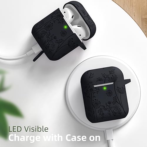 Lerobo for AirPod Case 2nd/1st Generation with Keychain | Flower Engraved Soft Silicone Cover for AirPods 2 Case, Wireless Charging, Scratchproof, One-piece Design, Black - color: Black