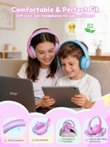 Acer OHW328 Kids Headphones Wired for School - Over Ear Design | 85/94dB Safe Volume Limit, 3.5mm Jack Foldable Headphones for Kids Boys Girls Classroom Yoto Player Chromebook Travel Pink - color: Pink